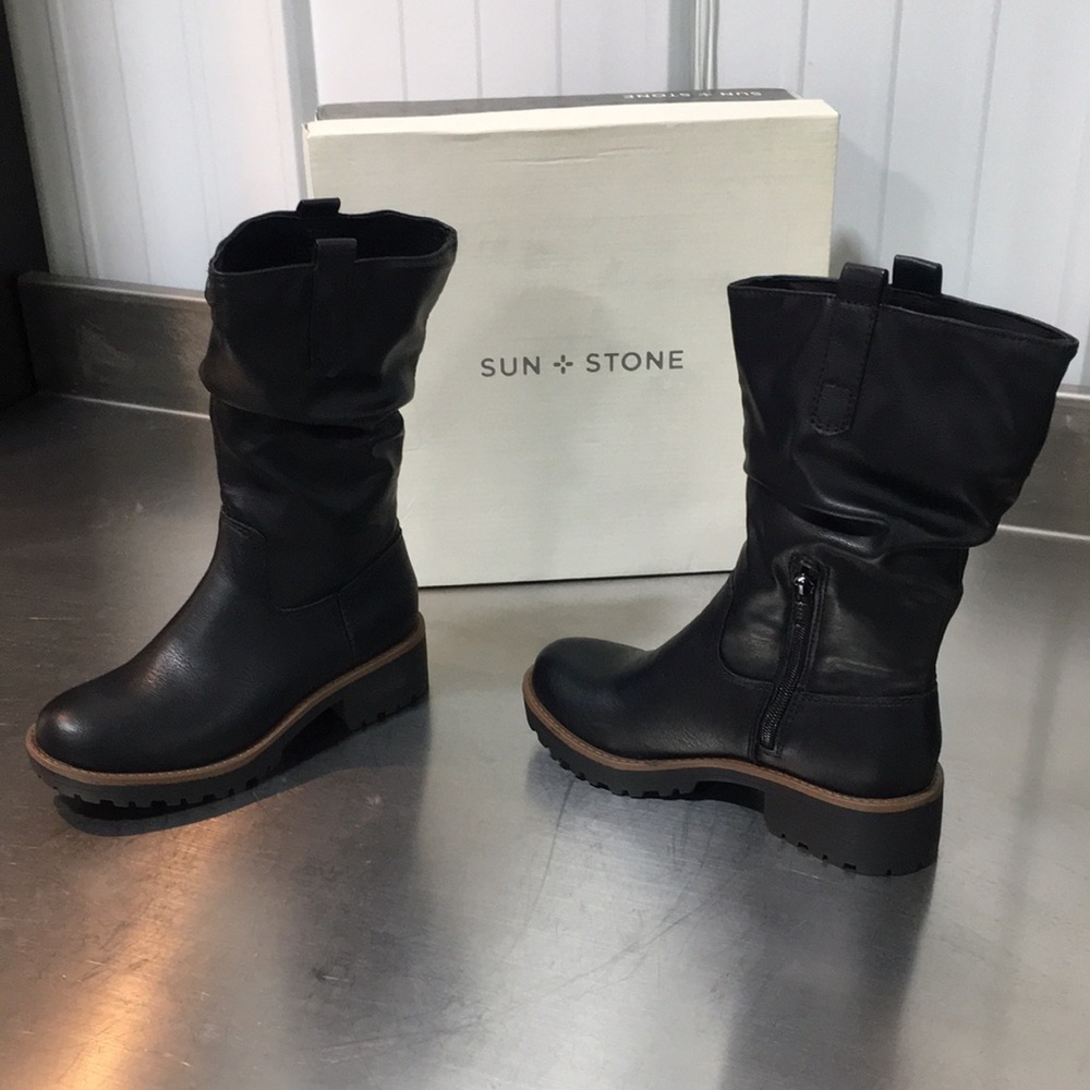 New WB Sun + Stone Women's Black Mid-Calf Leather Zip Boots